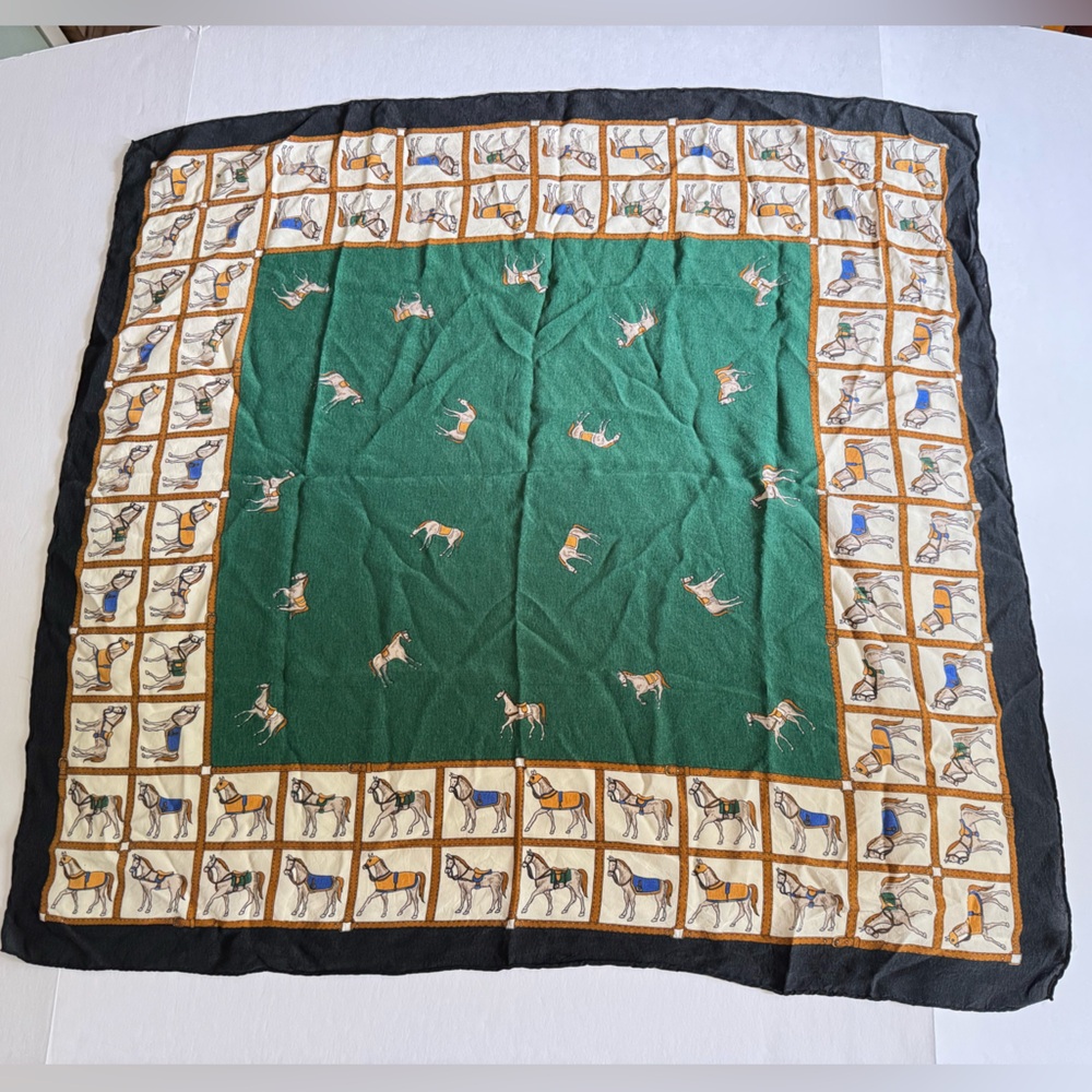 Golden Camel 100% Silk Hand Printed Hand Rolled Horse Equestrian Scarf Green